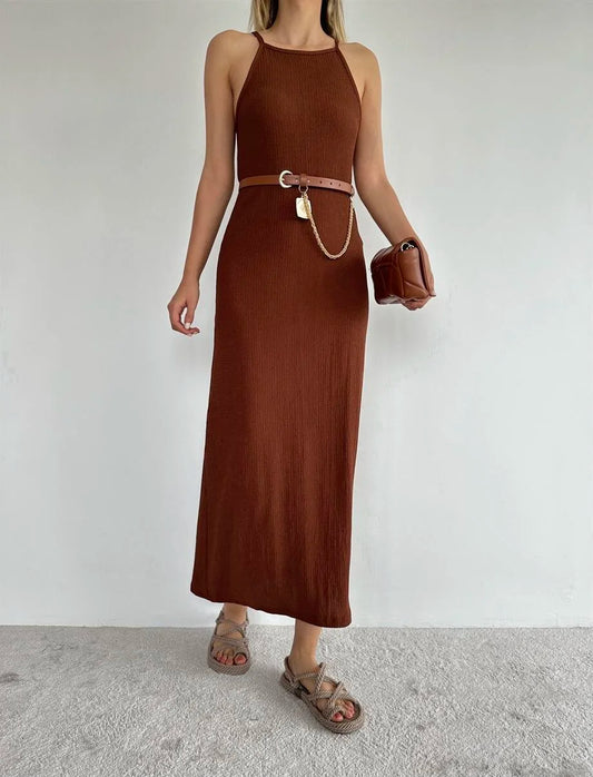 Brown Halter Basic Dress