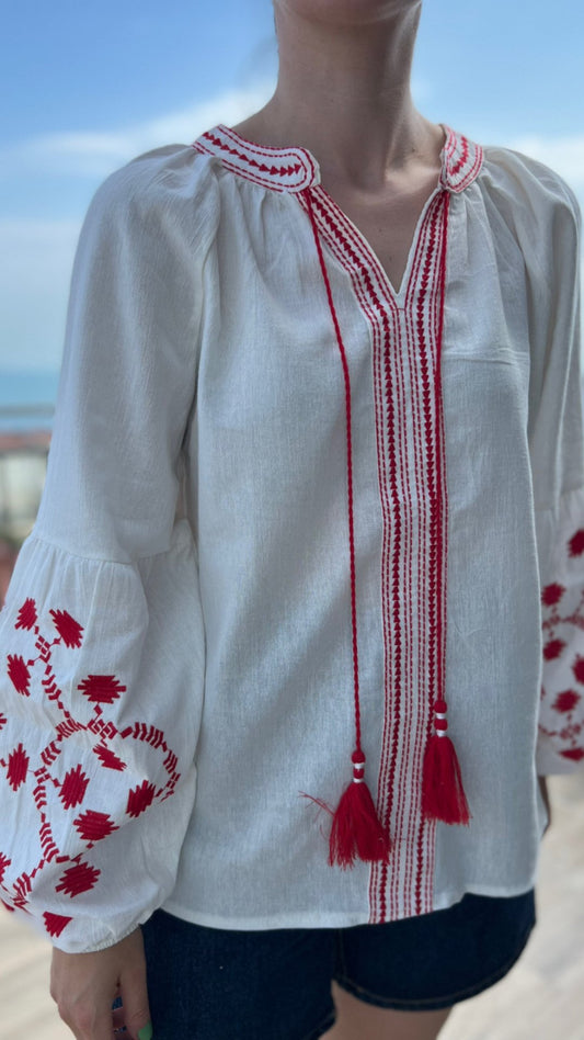 Tasseled White X Red Embroidered Blouse