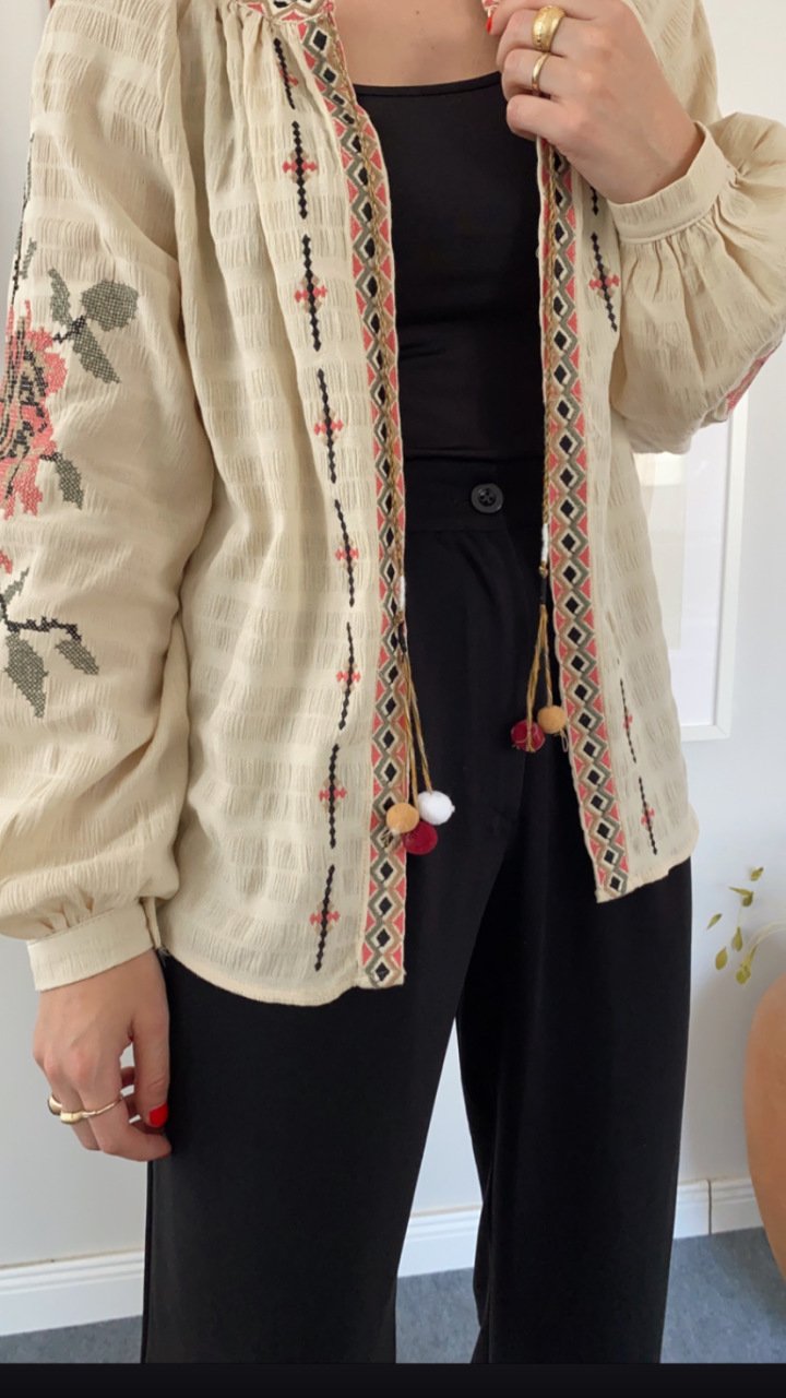 Tasseled Beige Embroidered Cardigan