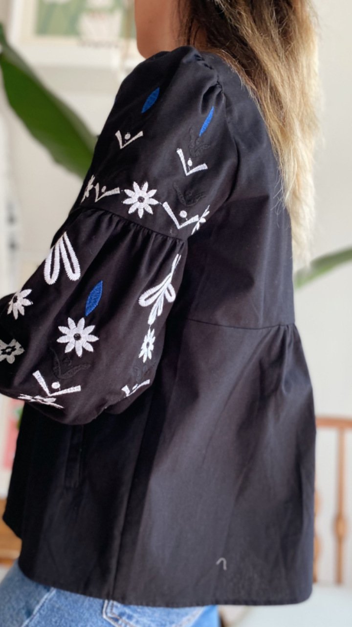 Cotton Embroidered Black X Blue Cardigan