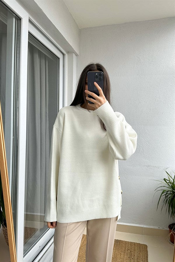 Off White Gold Button Detail Pullover