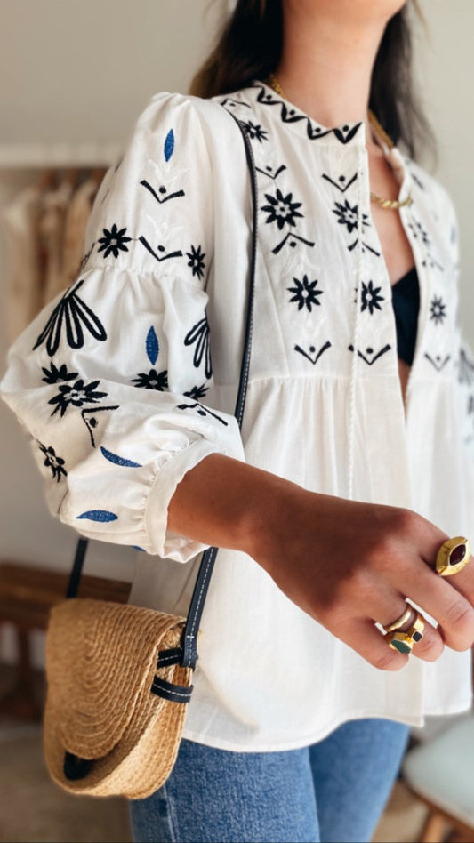 Cotton Embroidered White X Blue Cardigan