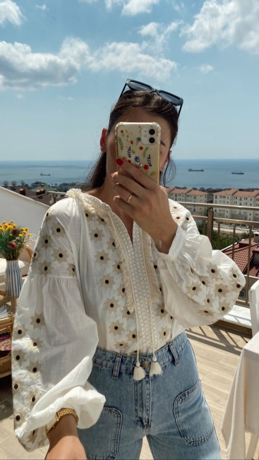White Embroidered Cotton Blouse