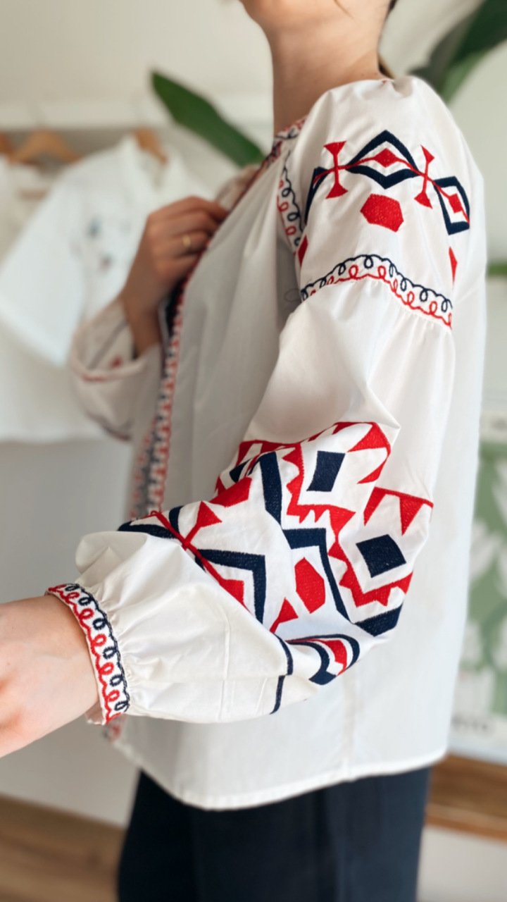 Cotton Embroidered White X Red Cardigan