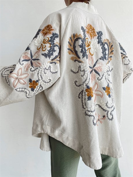 Embroidered Beige Linen Kimono