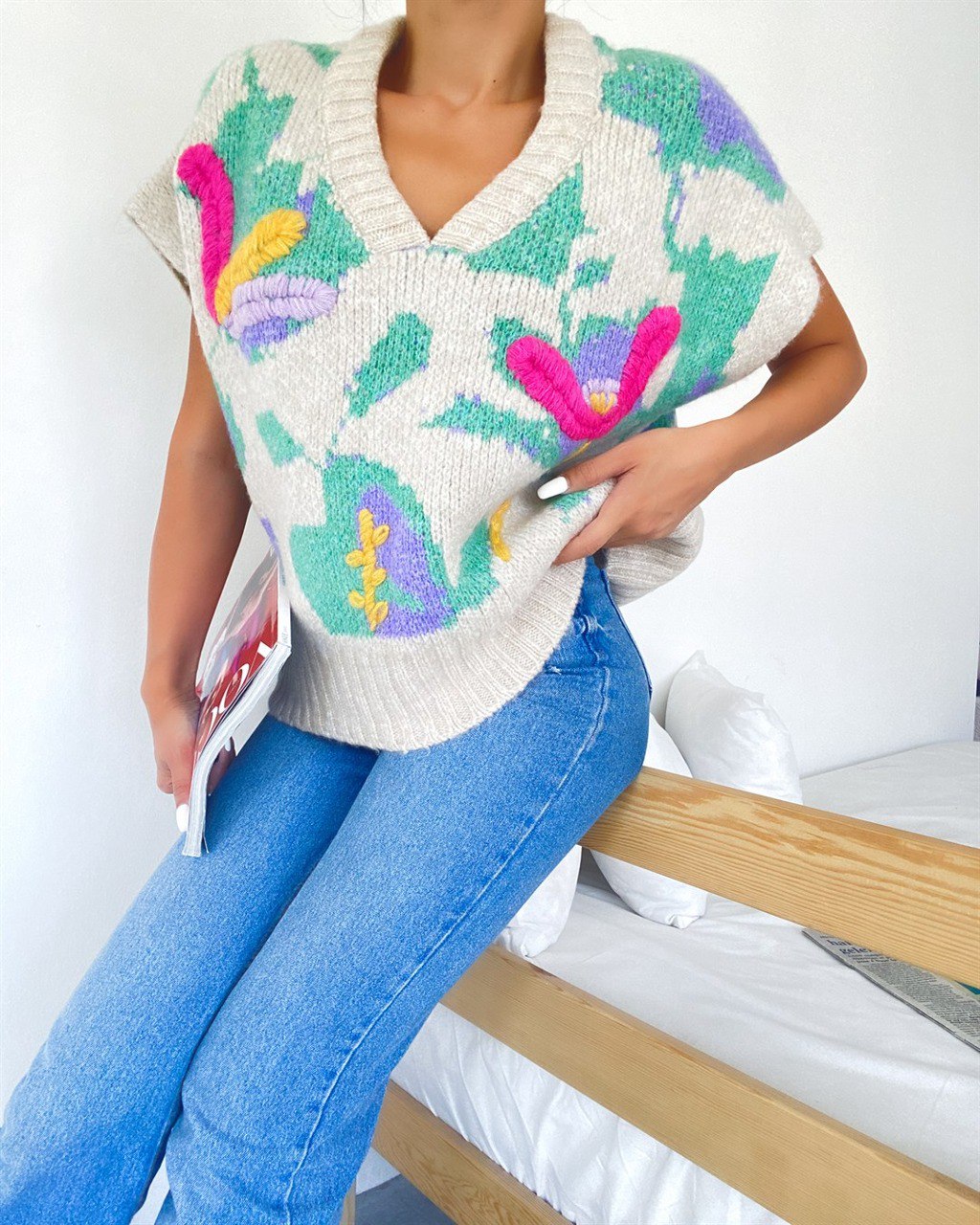 Embroidered Floral Vest Sweater