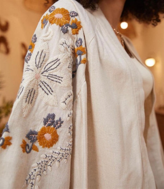 Premium Linen Embroidered Floral Kimono
