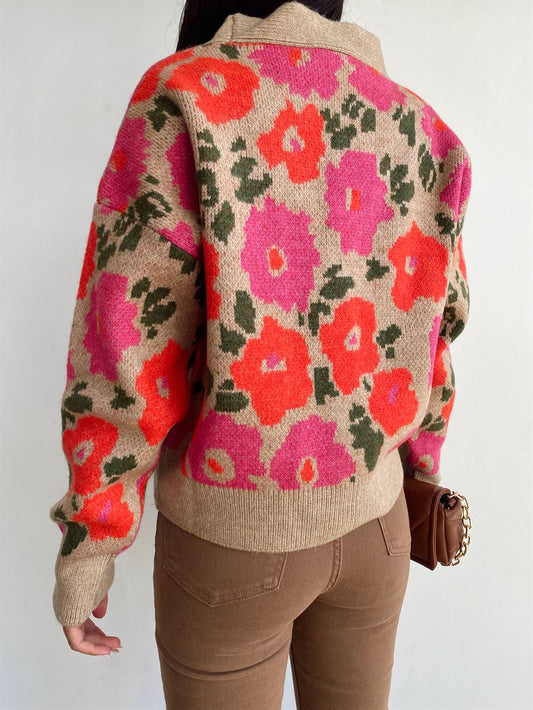 Camel Multicolored Floral Cardigan With Rhinestone Butrons